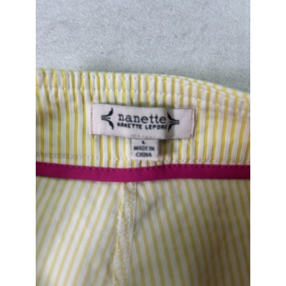 Nanette Lepore Tapered Pants L (34x22) Yellow Seersucker Stretch Pull On Preppy - Picture 2 of 8